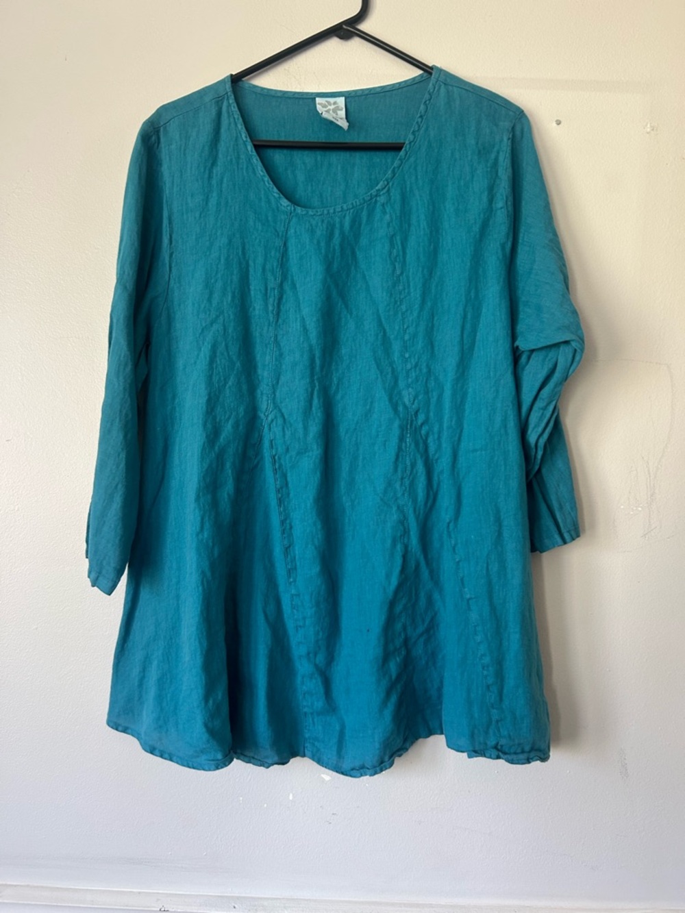 Match Point Relaxed Scoop-Neck Teal 100% Linen Tunic L boho oversized artsy USA